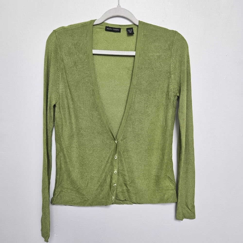 Valerie Steven Womens Sz M 100% Silk V-Neck Button-Up Knit Sweater Cardigan